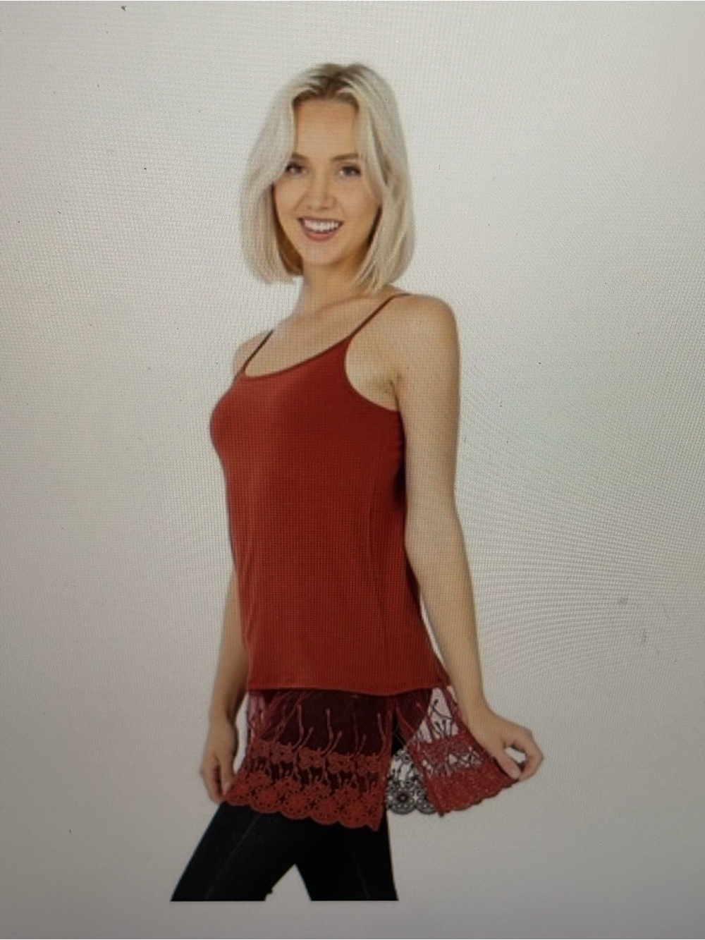 Zenana Outfitters Rust Lace-Hem Spaghetti Strap Cami